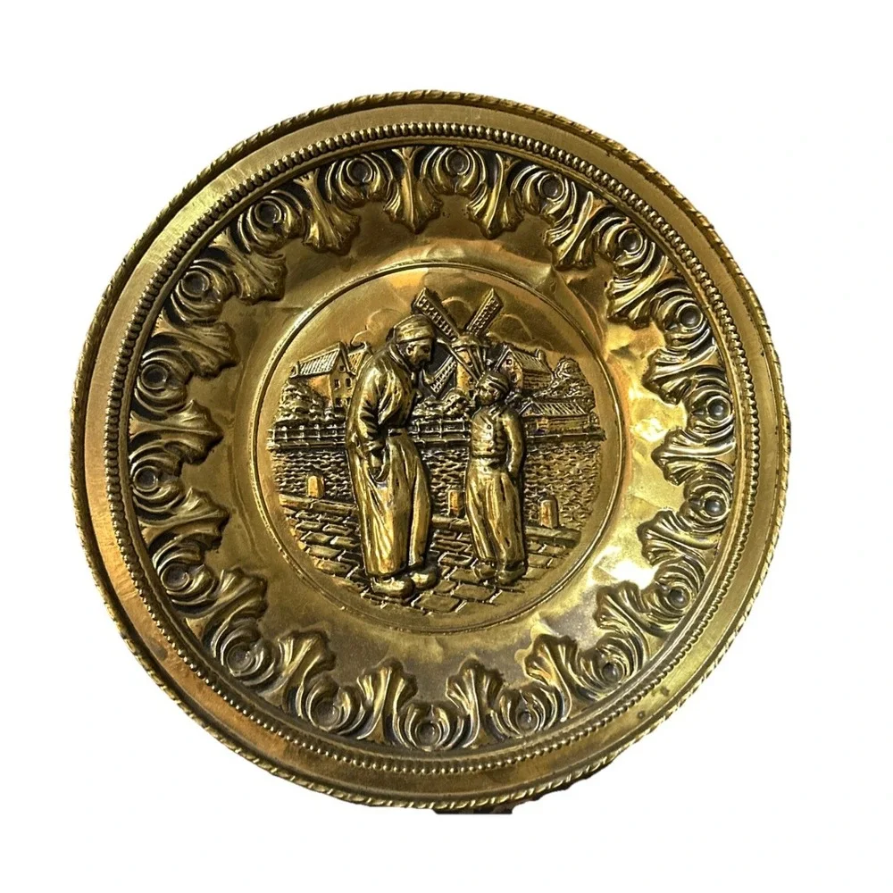 Vintage European Brass Wall Plates – Matched Pair Dutch  Scenes 12